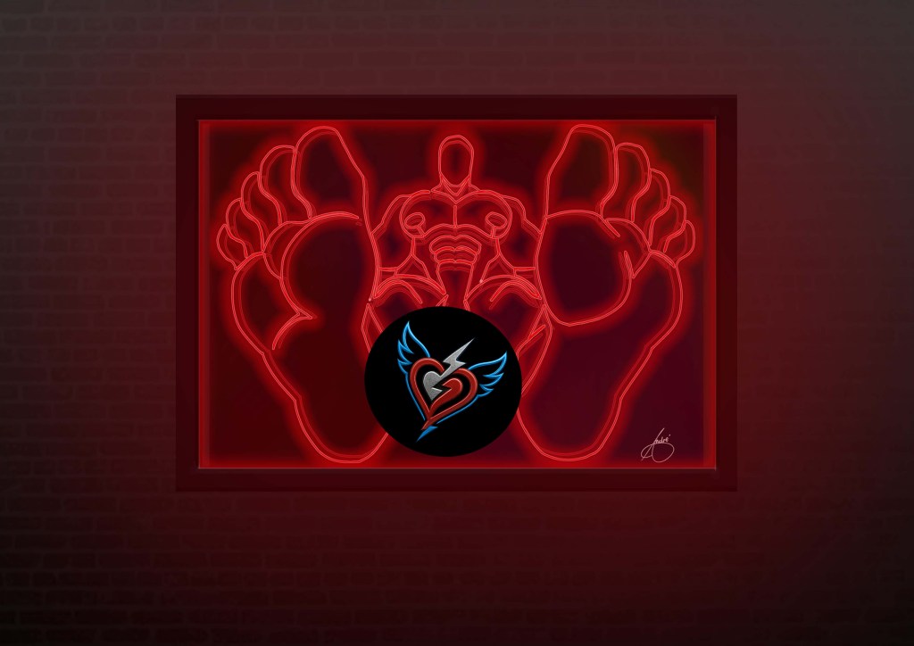 Red neon rope light wall art depicting an erotic male figure framed by oversized feet, mounted on a black frame in a dark interior setting