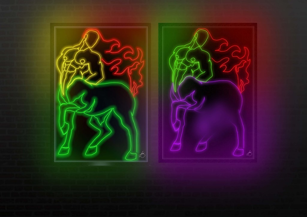 Two neon-style centaur artworks displayed side by side on a dark wall. Both feature a muscular humanoid upper body with flowing flame-like hair in red and yellow tones. The left centaur has a green lower body in a clean SFW style, while the right centaur has a purple lower body with explicit anatomical details. Both pieces glow brightly with multicoloured neon outlines, framed in a modern style.