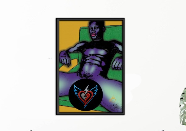 Pop art style framed artwork of a muscular nude man reclining on a green chair, rendered in vibrant purple tones with bold graphic shading and sensual focus.