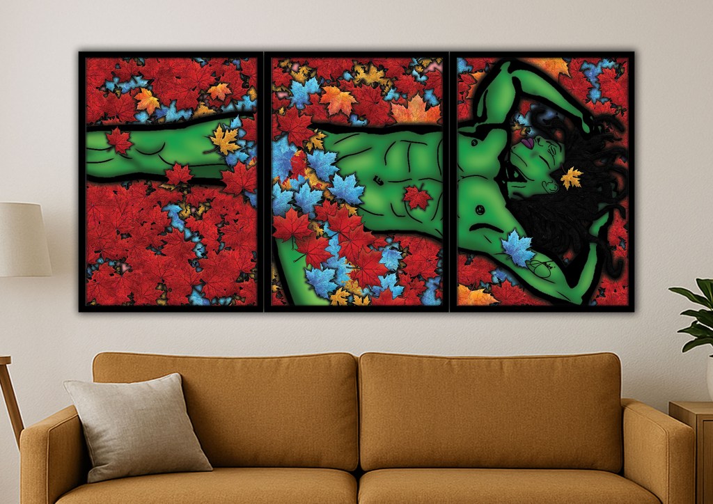 3-panel artwork of a muscular green male figure lying in red autumn leaves, framed wall art in a modern living room.