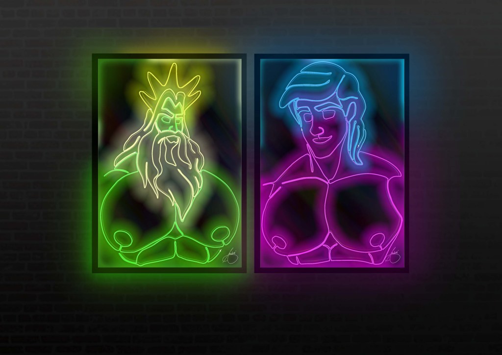 Two framed neon rope-light artworks featuring muscular fantasy male characters with exaggerated chests and bold curves. The left piece shows a glowing green and yellow king-like figure with a radiant crown and massive build. The right piece shows a vibrant pink and blue youthful male character with an oversized, stylised torso and soft neon glow. Both artworks use luminous contour lines and a dark backdrop to enhance the erotic, hyper-masculine fantasy aesthetic.