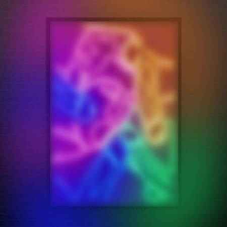 Neon rope light wall art showing erotic male line art in glowing rainbow colours, mounted on a black frame, queer fetish decor with intimate neon lighting.