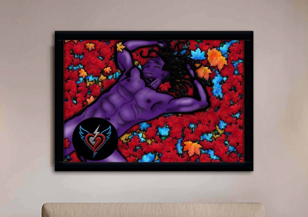 Erotic illustration of a muscular purple-skinned man lying naked in bright red and blue autumn leaves, arms above his head, with a full frontal view.