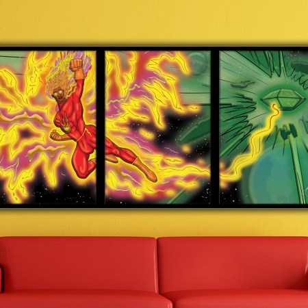 Powerful fire superhero flying forward with blazing yellow energy, framed comic artwork displayed on a yellow wall.