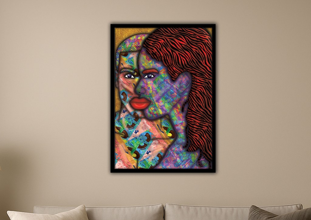 Coupled artwork in black frame hanging above a sofa, showing a colourful male–female abstract portrait.