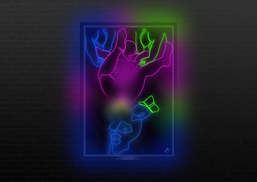 Neon rope-light artwork featuring four figures in an explicit group scene. The central pink figure is upside down with legs raised, held in position by two pairs of glowing hands. A blue neon figure beneath him performs a double-fisting action, while green and yellow neon accents highlight the surrounding figures and movement. Vibrant colours glow against a dark background.