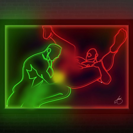 Neon-style erotic line art in a black frame glowing against a dark room. The artwork shows two muscular male figures in an explicit sexual position, outlined in vibrant red and green neon light. The surrounding room is dim, with the neon glow illuminating the wall.