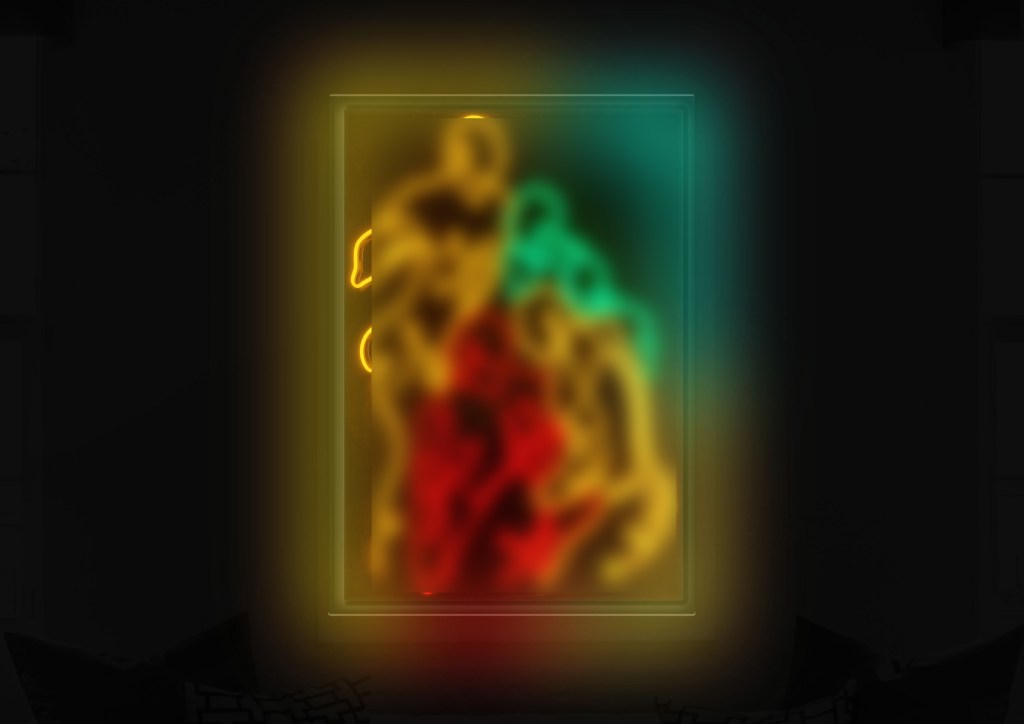 Neon rope-light artwork featuring four stylised male figures in yellow, red, and green neon rope light artwork arranged in an intimate group composition. The design is set against a dark background with a glowing multicolour aura, creating a bold, sensual, and modern visual statement.