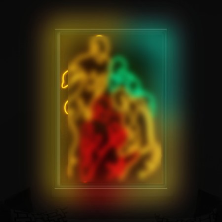 Neon rope-light artwork featuring four stylised male figures in yellow, red, and green neon rope light artwork arranged in an intimate group composition. The design is set against a dark background with a glowing multicolour aura, creating a bold, sensual, and modern visual statement.