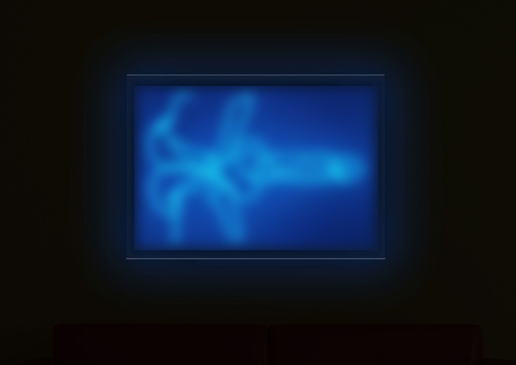 Blue neon rope light artwork depicting an explicit upward view between a man’s legs, showing ass and cock, presented as framed erotic gay wall art.