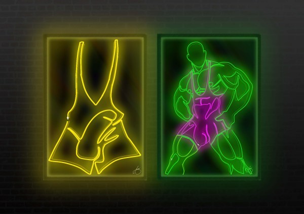 Two neon signs, one of a muscular man in a tight singlet, emphasising bulge and power, framed as erotic gay wall art. The other of a dominant muscular male figure in a wrestling singlet, glowing green and pink against a dark background.