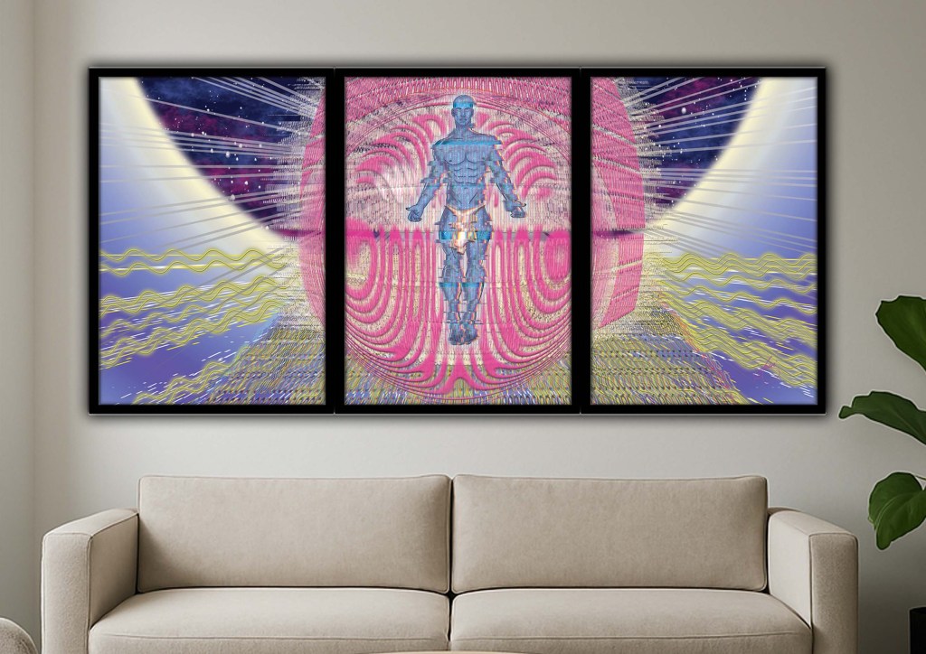 Framed artwork featuring a blue, muscular male figure floating in front of a large pink glitch sphere. The background shows cosmic skies and waves of distorted light in yellow, blue, and purple tones. The artwork is displayed in modern living rooms across single-panel and triptych mockups.