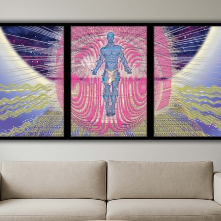 Framed artwork featuring a blue, muscular male figure floating in front of a large pink glitch sphere. The background shows cosmic skies and waves of distorted light in yellow, blue, and purple tones. The artwork is displayed in modern living rooms across single-panel and triptych mockups.