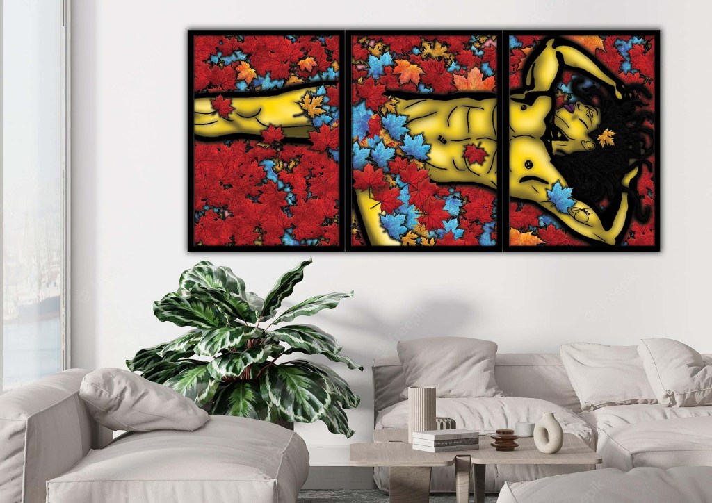 Three framed panels showing a golden male figure lying in colourful autumn leaves, bold contemporary wall art.