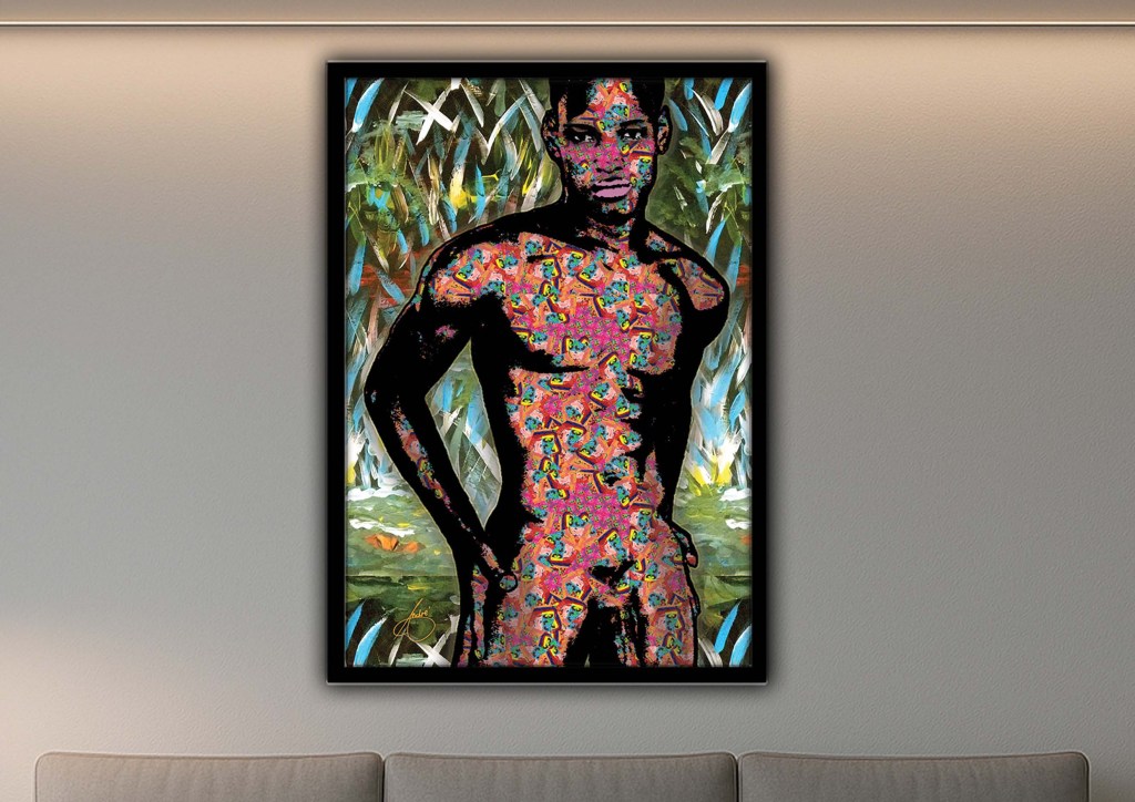 Framed erotic pop art of a muscular nude man standing confidently, his body covered in vibrant abstract colour textures with exposed cock and defined physique, set against a lush, painterly background. The artwork is displayed framed on a modern interior wall, bold, sensual, and adult in tone.