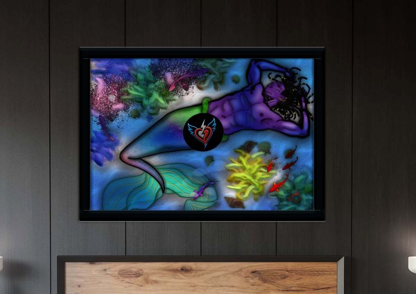 Framed artwork of a muscular male merman lying asleep on the ocean floor, surrounded by coral and fish, with his cock exposed as he rests.