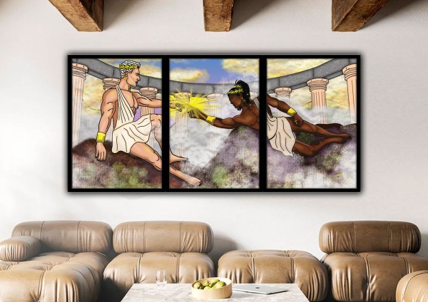 Three-panel artwork of two Greek gods reaching toward each other with glowing energy between their hands and ancient pillars.