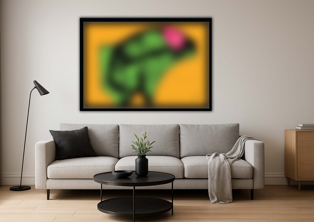 Framed erotic pop-art print featuring a stylised green penis with a pink tip on a bright yellow background, displayed in modern living-room settings.