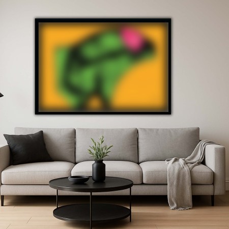 Framed erotic pop-art print featuring a stylised green penis with a pink tip on a bright yellow background, displayed in modern living-room settings.