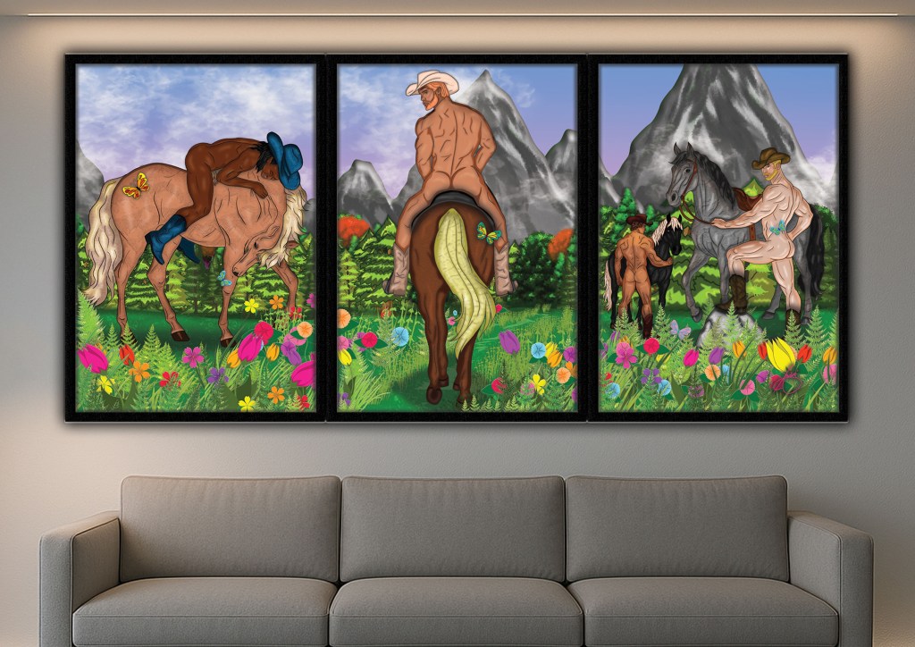 A sensual gay cowboy triptych artwork displayed on a living room wall, showing how the bold three-frame Stud Farm piece transforms any space with vibrant colour and masculine allure.