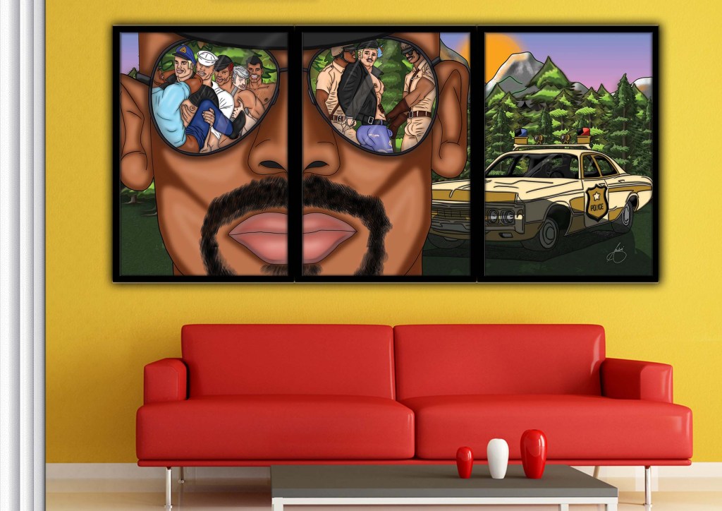 Framed pop art triptych showing a man wearing aviator sunglasses, with reflected scenes of men gathered closely inside the lenses and a vintage police car parked in a forested mountain setting, illustrated in bold colour and graphic style.