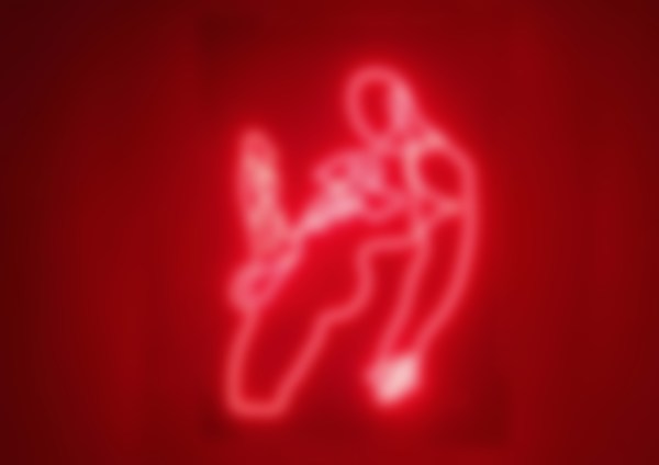 Bright red neon line-art of a muscular male figure leaning back, fully exposed, with bold glowing outlines highlighting his chest, torso, and erect penis; displayed on a dark background.