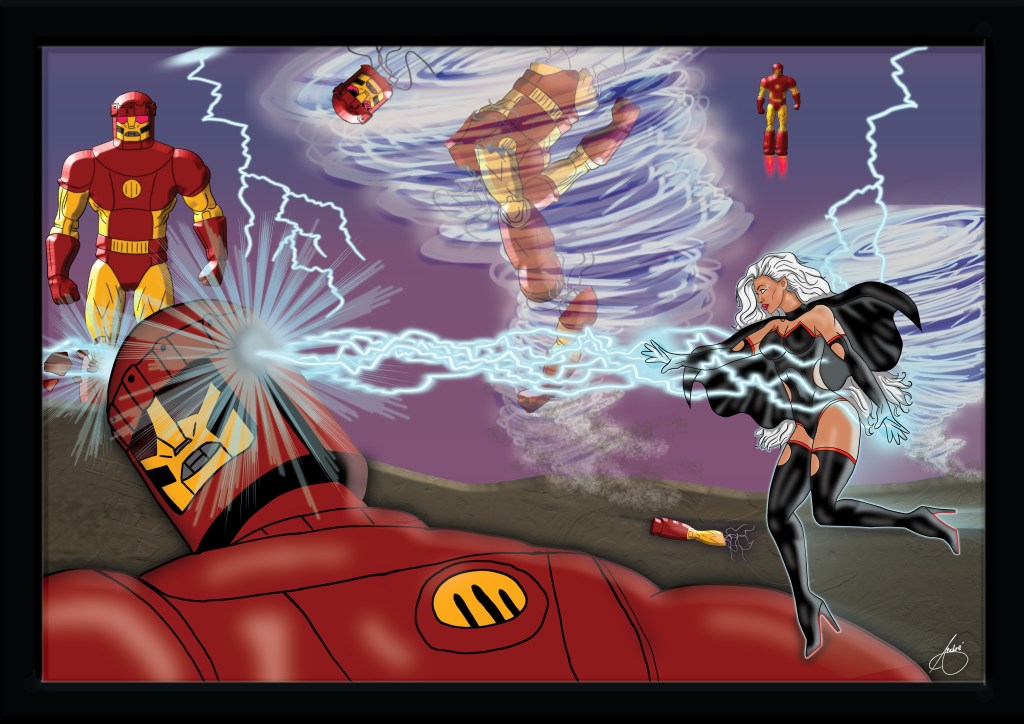 Black-suited white-haired elemental heroine unleashes lightning against giant robots in a dramatic sci-fi battle scene.