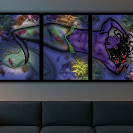 Framed triptych wall art of a purple merman reclining underwater, shown above a modern sofa in a dimly lit living room. His rainbow tail and flowing hair glow softly under cool ambient lighting, surrounded by colourful coral and small fish. Stylish interior mockup showcasing elegant, fantasy-inspired framed artwork.