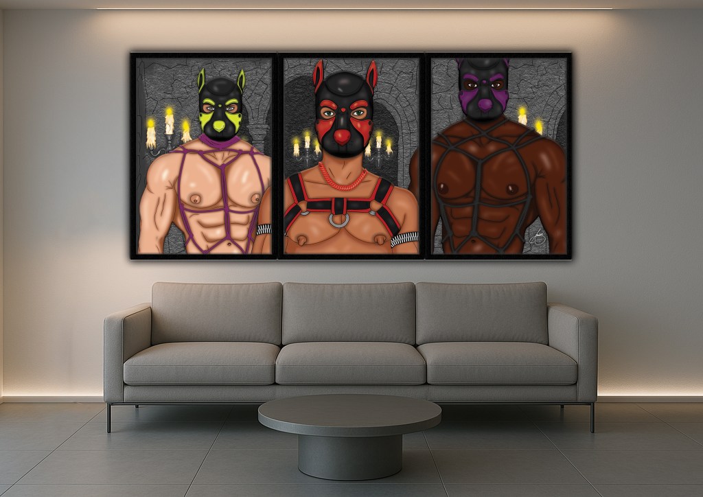 A framed artwork of three muscular men in pup hoods and bondage harnesses hangs on a clean white wall above a soft cream sofa. The central figure in red and black leather dominates the scene, flanked by two others — one in lime and purple, the other in deep violet and black. Candlelight glows behind them against a stone dungeon backdrop, contrasting with the calm, minimal living space and lush green plant below.