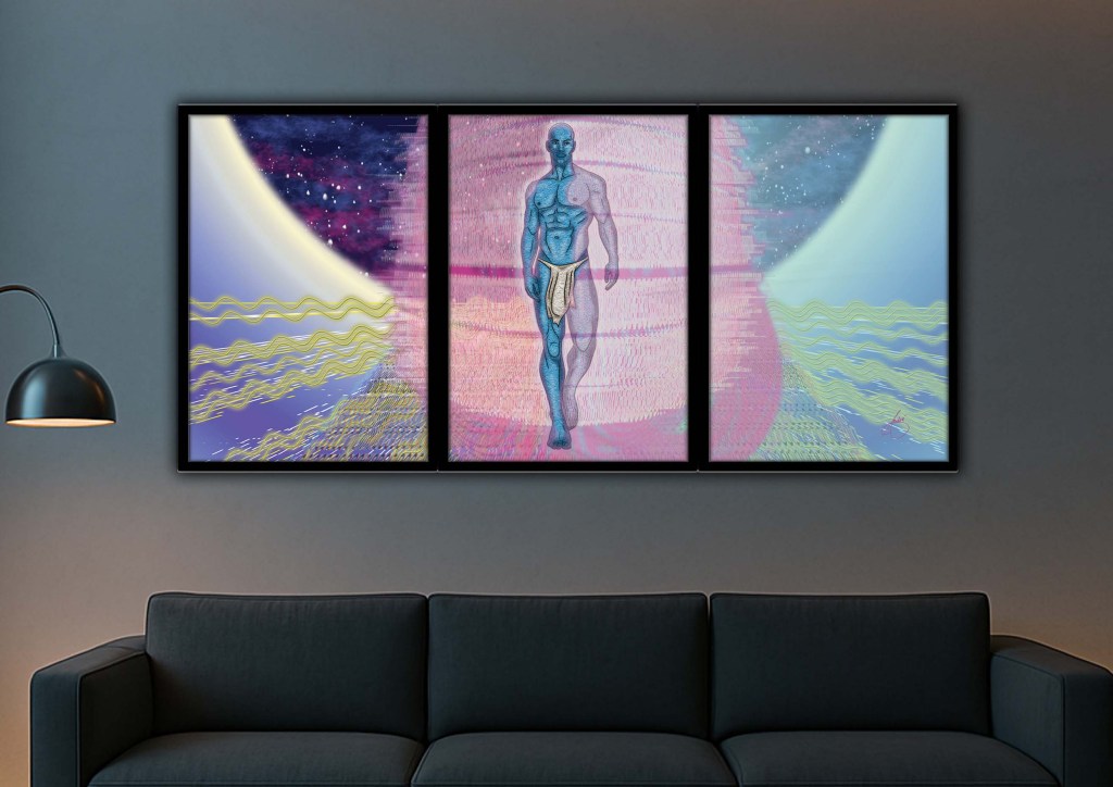 Framed sci-fi fantasy artwork showing a blue-skinned humanoid male stepping forward from a glowing digital portal, surrounded by cosmic textures, glitch effects, and abstract waves in a futuristic dreamlike setting.