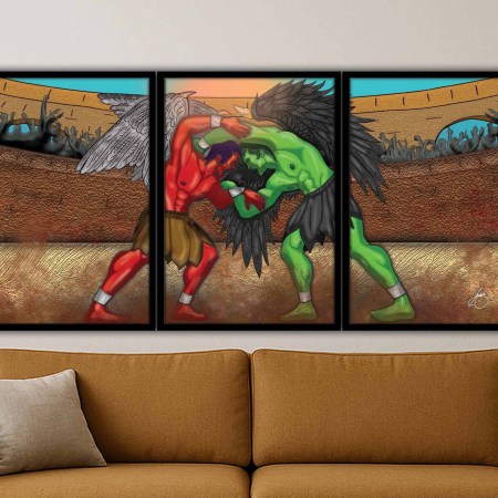 Framed dark fantasy artwork depicting a red-skinned winged gladiator locked in combat with a green-skinned winged gladiator inside a Roman coliseum, blending mythological angel and demon imagery with muscular fantasy warriors and dramatic motion.