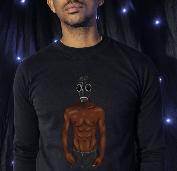 Customisable fetish gas mask artwork featuring a masked male figure with selectable body types, skin tones, and mask colours, printed on black apparel as kink-inspired erotic fashion.