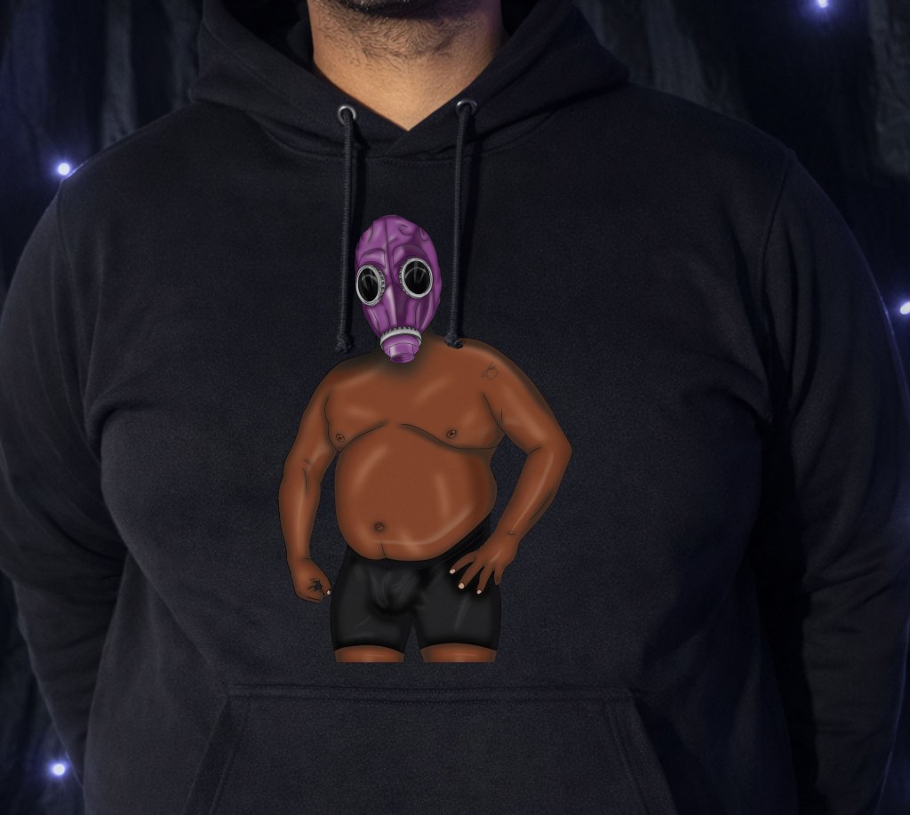 Customisable fetish gas mask artwork featuring a masked male figure with selectable body types, skin tones, and mask colours, printed on black apparel as kink-inspired erotic fashion.