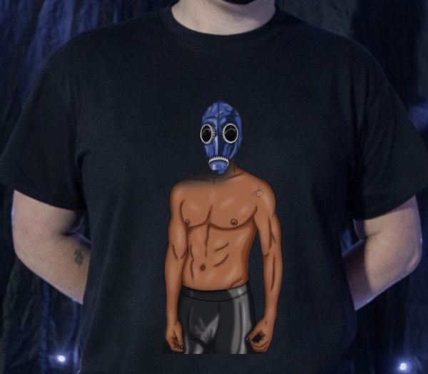 Customisable fetish gas mask artwork featuring a masked male figure with selectable body types, skin tones, and mask colours, printed on black apparel as kink-inspired erotic fashion.