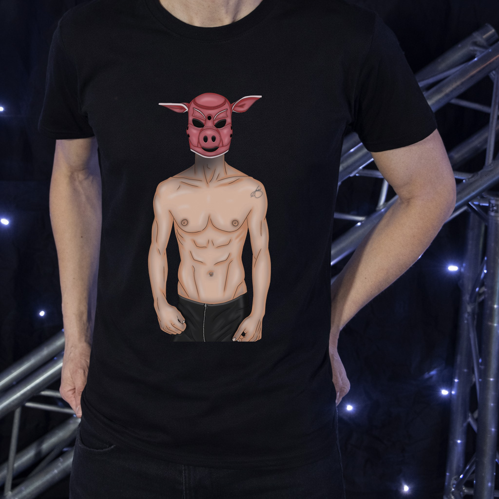 Illustrated pig mask fetish art printed on black t-shirt, jumper and hoodie, featuring custom male body types including twink, jock, muscle, dad bod and chub, with selectable skin tones and mask colours as part of the Build-A-Kink Custom Desire apparel collection.