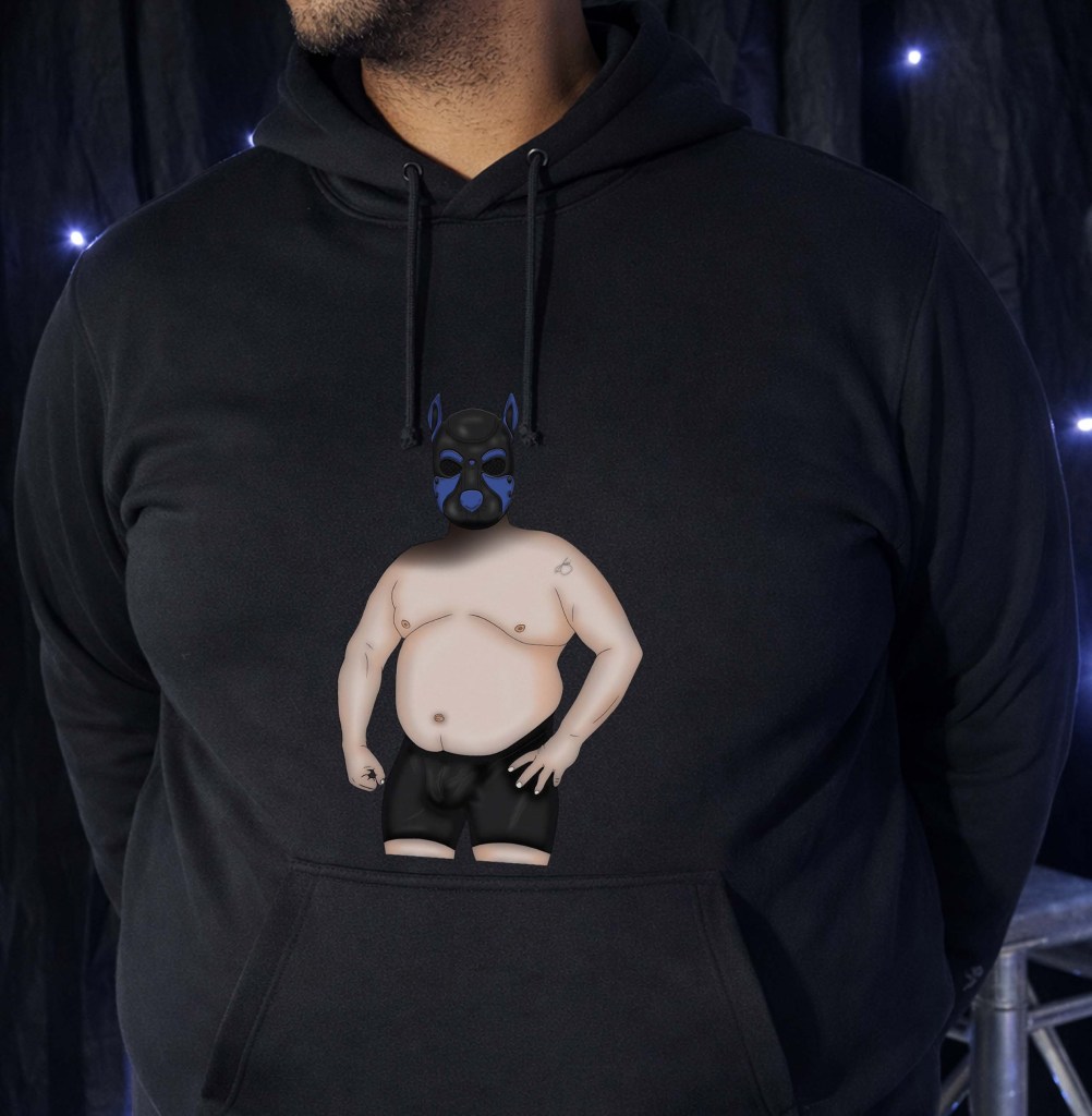 Black hoodie featuring Build-A-Kink Custom Desire pup mask fetish artwork with selectable male body type and skin tone, bold kink-inspired LGBTQ apparel.
