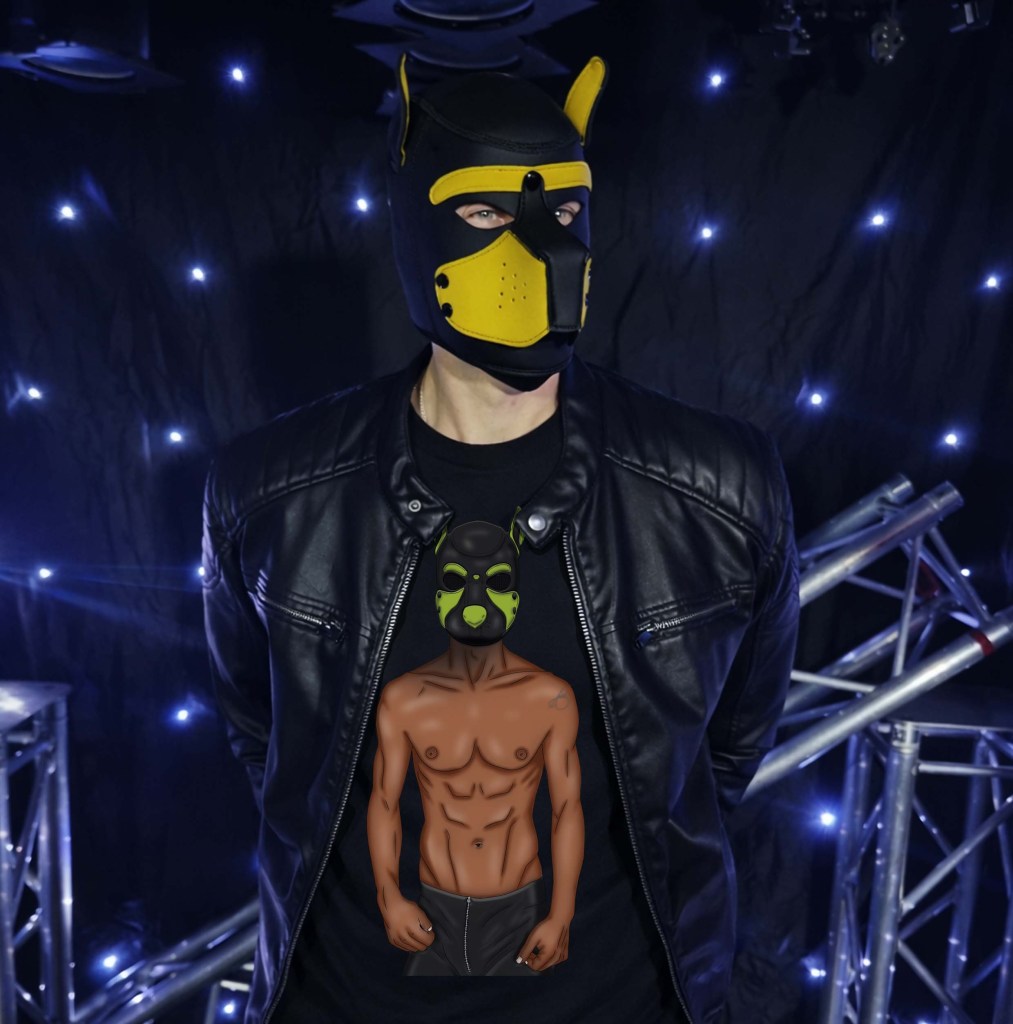 Custom Build-A-Kink pup mask fetish art T-shirt featuring selectable male body types and skin tones, bold erotic illustration on black apparel