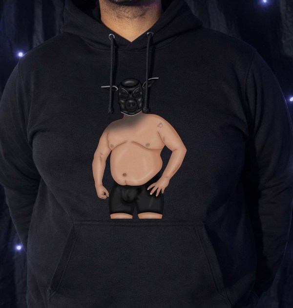 Illustrated pig mask fetish art printed on black t-shirt, jumper and hoodie, featuring custom male body types including twink, jock, muscle, dad bod and chub, with selectable skin tones and mask colours as part of the Build-A-Kink Custom Desire apparel collection.