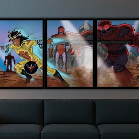 High-impact comic battle wall art featuring a muscular superhero and massive robotic villains in a dramatic framed action scene