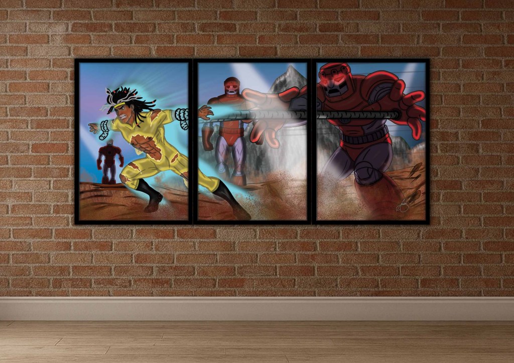 Framed superhero wall art showing a dynamic action battle between a male hero and mechanical sentinels.
