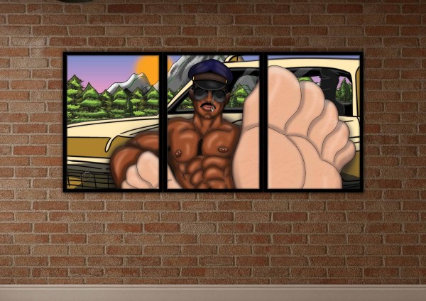 Three-panel wall art featuring a muscular officer reclining against a vintage patrol car in a mountain landscape.