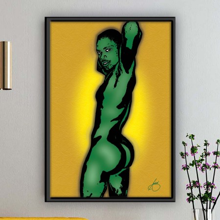 Framed green and gold pop art print of a bold afrocentric male figure in a sensual standing pose, modern colourful wall art displayed in a stylish living room