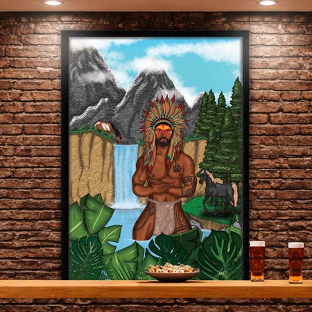 Tribal fantasy framed wall art of a powerful warrior standing before a waterfall and mountains, surrounded by lush jungle leaves and wild horses in a bold illustrated style