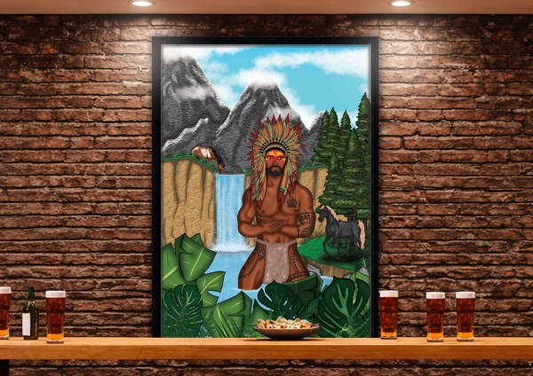 Tribal fantasy framed wall art of a powerful warrior standing before a waterfall and mountains, surrounded by lush jungle leaves and wild horses in a bold illustrated style