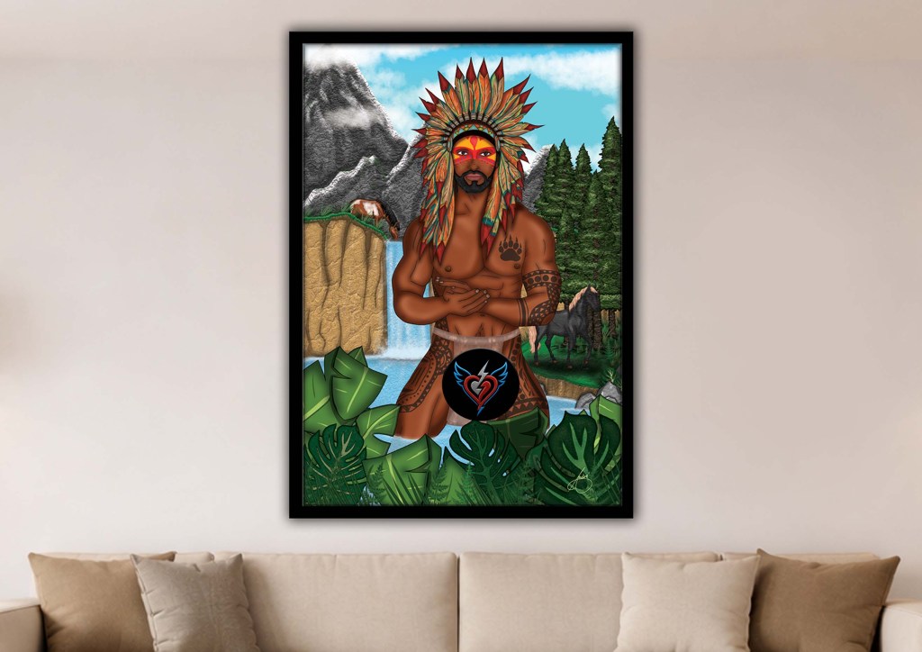 Framed fantasy artwork of a muscular tribal warrior standing in a waterfall with mountains, forest scenery, and two horses in a bold illustrated style