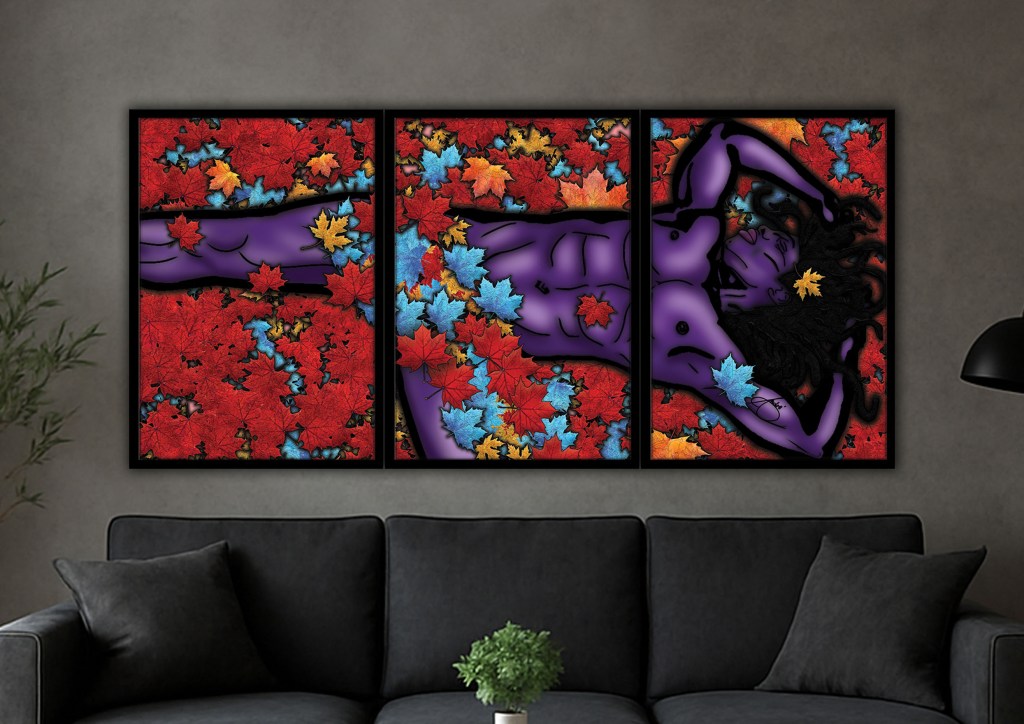 Purple muscular male figure lying in autumn leaves, presented as a bold three-panel framed artwork.