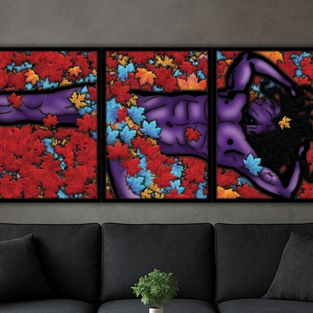 Purple muscular male figure lying in autumn leaves, presented as a bold three-panel framed artwork.
