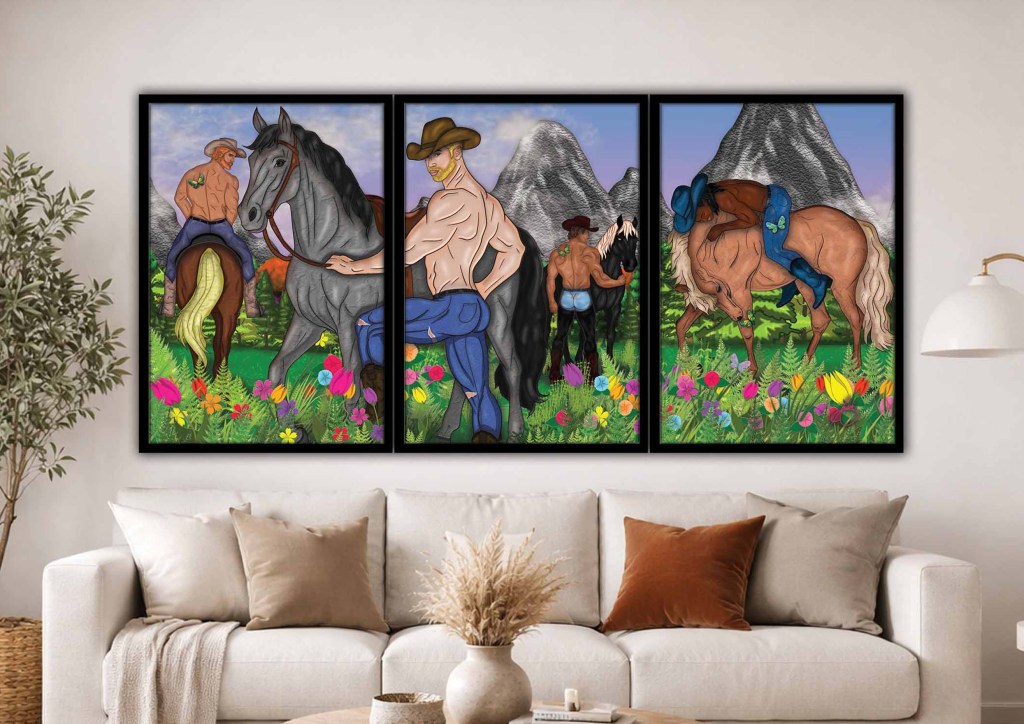 Pop art illustration of muscular cowboys in a colourful wildflower meadow with mountains behind, western fantasy style.