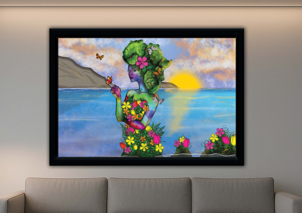 Mother Earth pop art illustration of a woman formed from nature with Africa shaped trees, butterflies, flowers, and ocean sunset backdrop