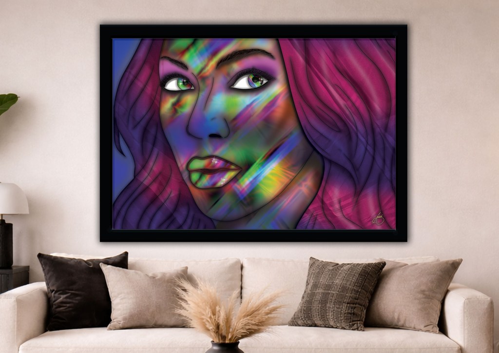 Rainbow prism light portrait of a woman’s face in vibrant pop art style, featuring colorful reflections and bold modern illustration framed on a wall.